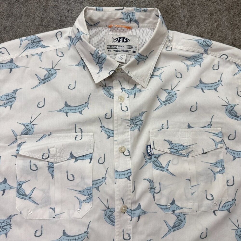 AFTCO Marlin Fishhook Fishing Shirt Men XL White Blue Vented Button Down Sun